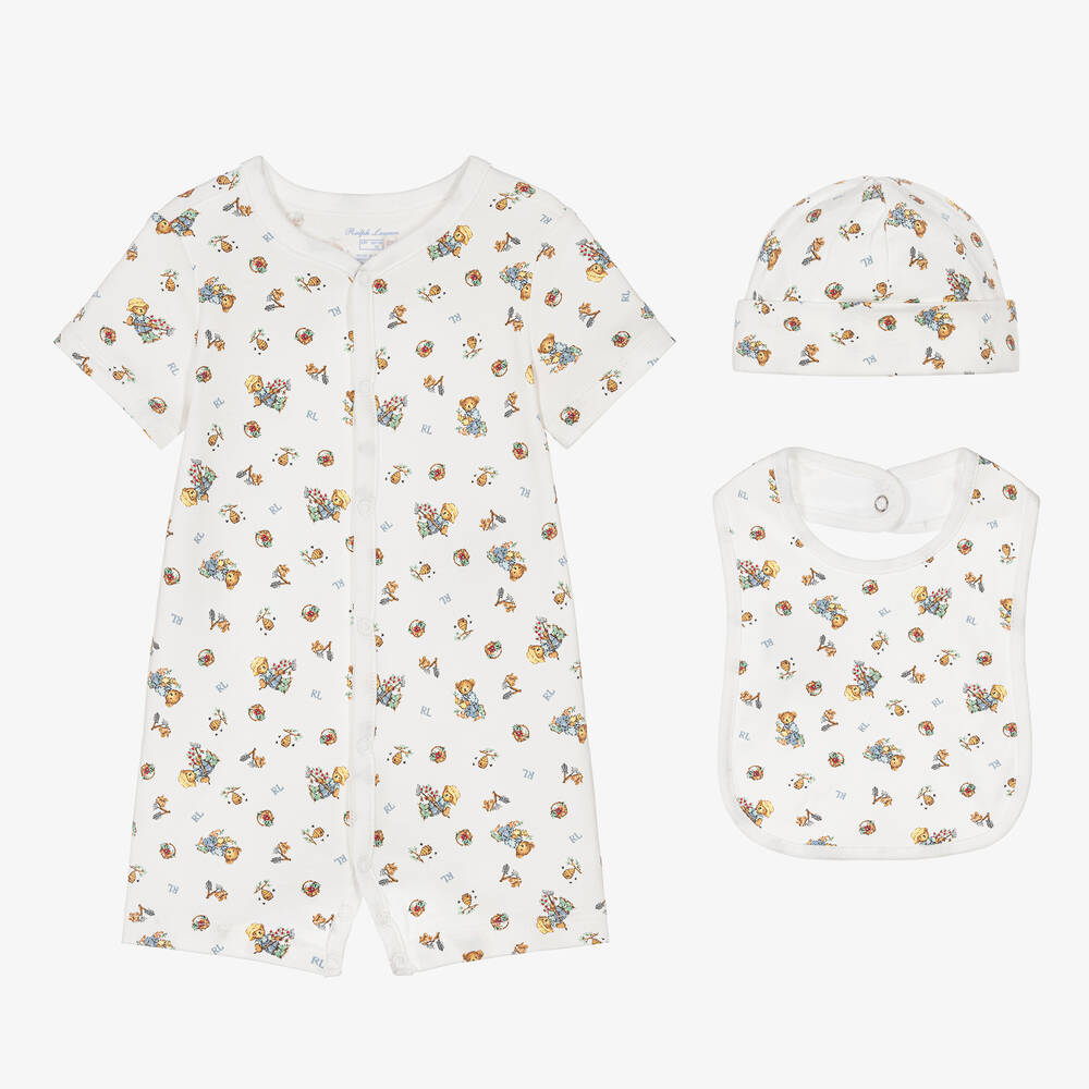 Ralph Lauren - Weißes Polo Bear Strampler-Set | Childrensalon