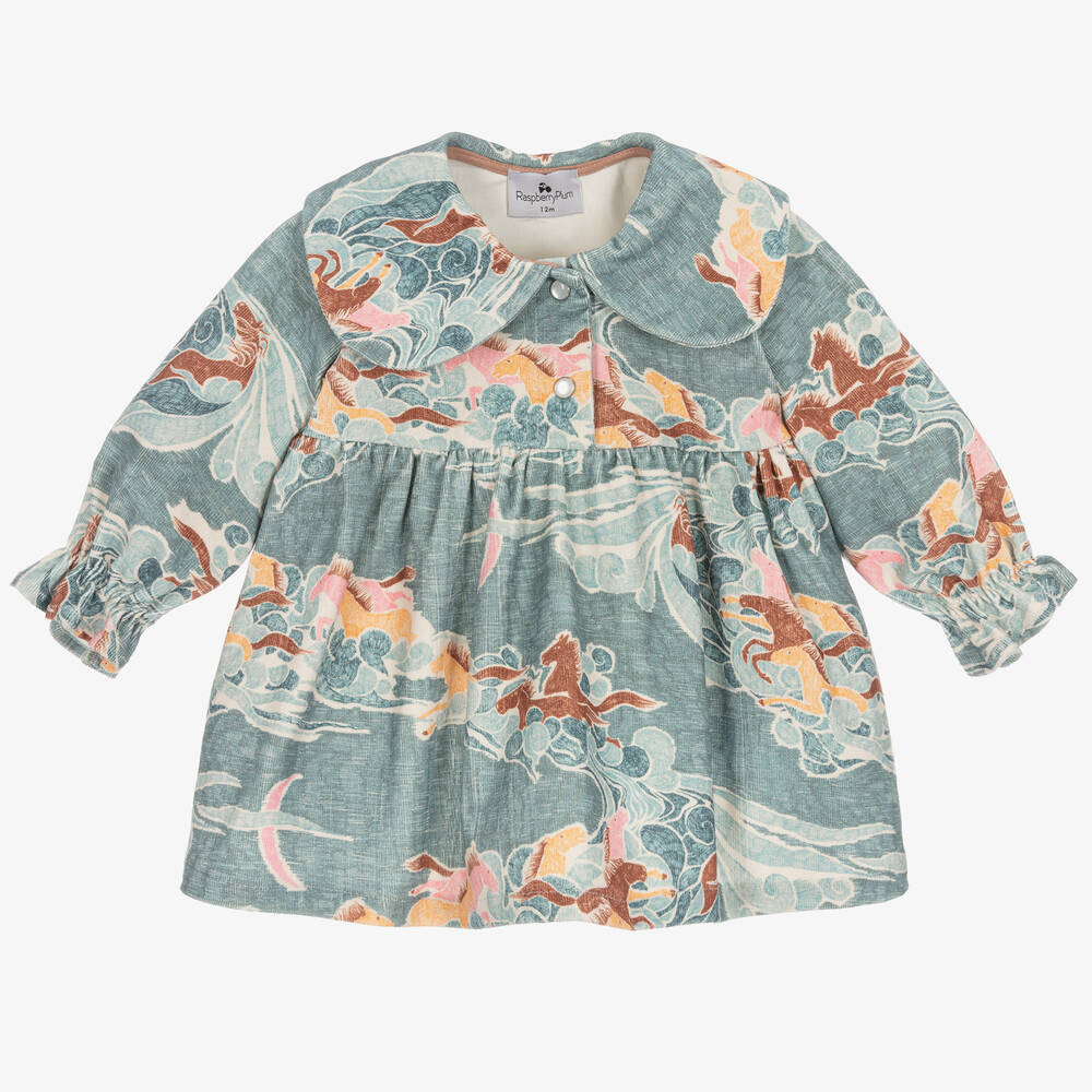 RaspberryPlum - Голубое платье и трусики из хлопка с лошадьми | Childrensalon