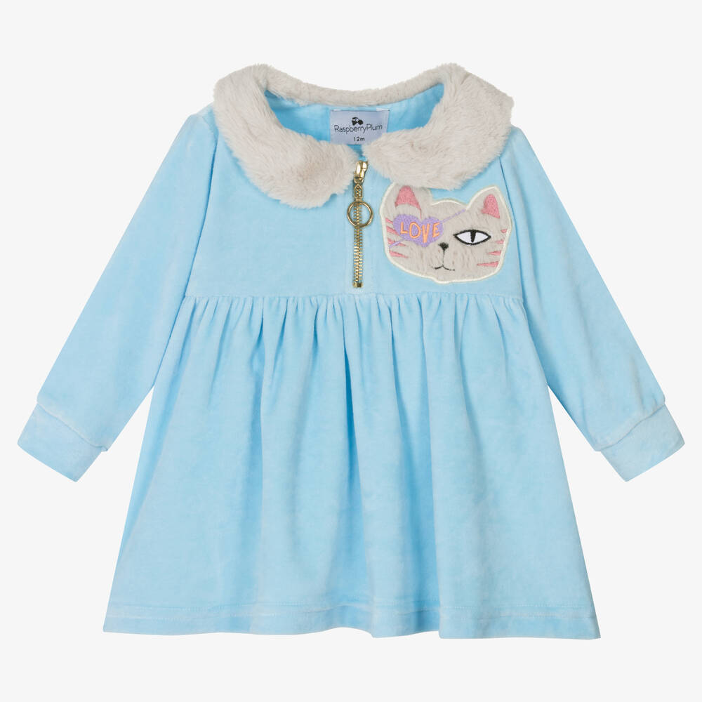 RaspberryPlum - Baby Girls Blue Velour Cat Dress | Childrensalon