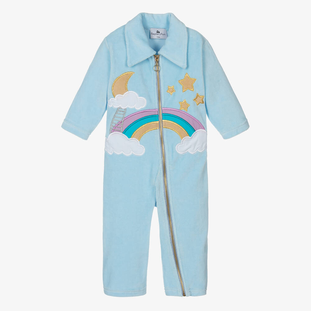 RaspberryPlum - Baby Girls Blue Velour Rainbow Jumpsuit | Childrensalon