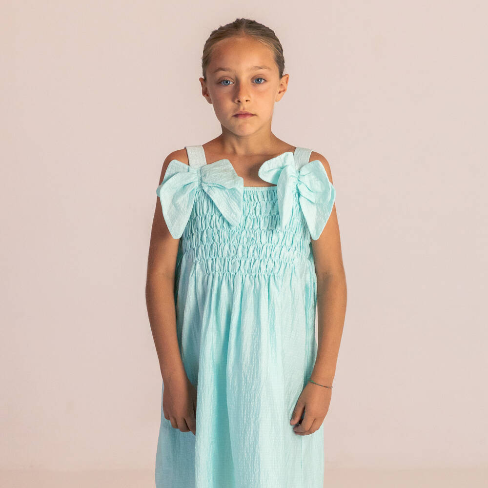 RaspberryPlum-Girls Aqua Blue Seersucker Dress with Bows | Childrensalon Outlet