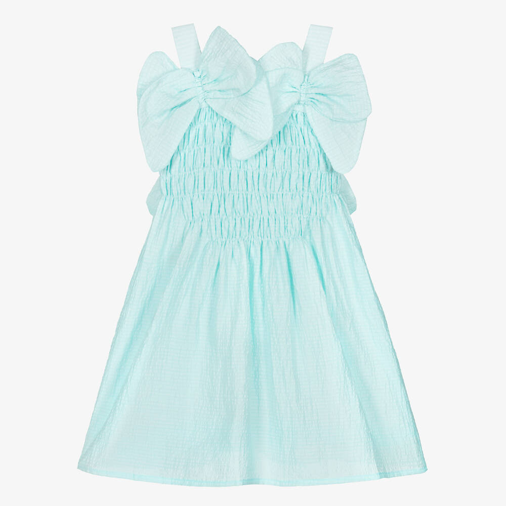 RaspberryPlum-Girls Aqua Blue Seersucker Dress with Bows | Childrensalon Outlet