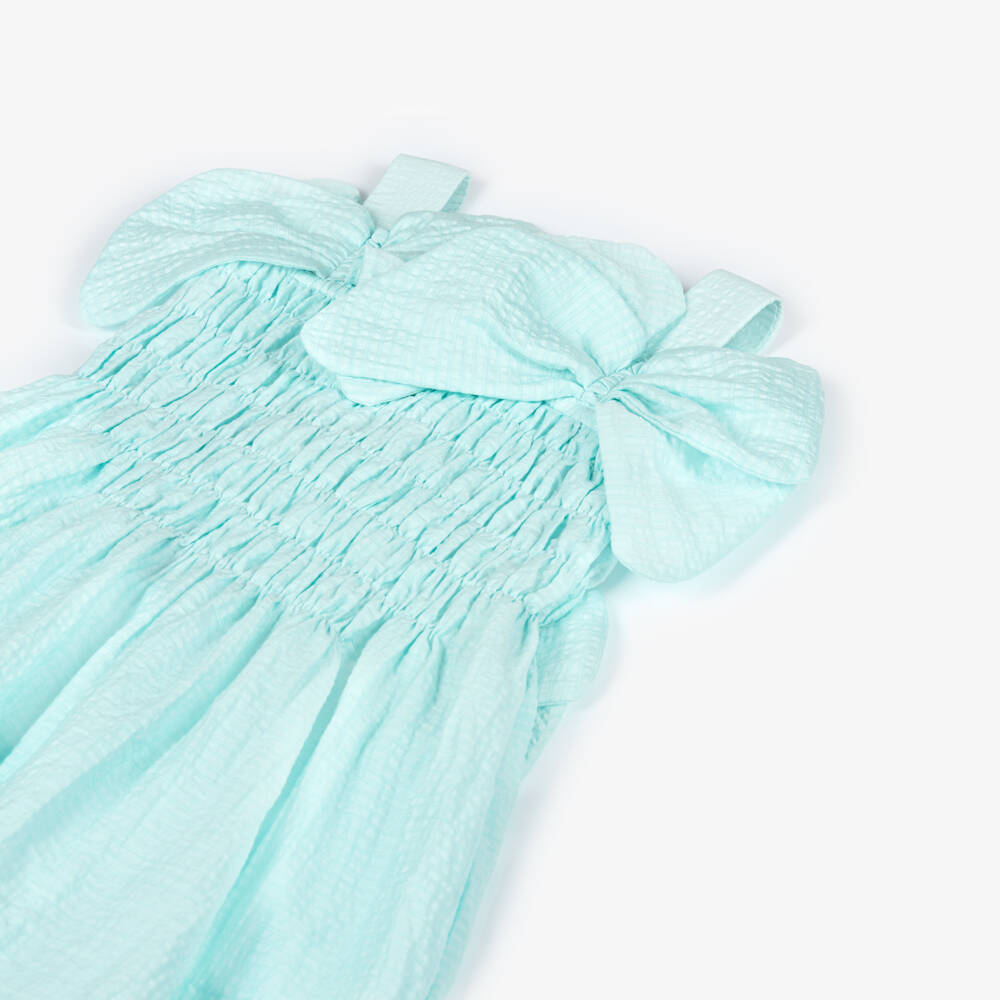 RaspberryPlum-Girls Aqua Blue Seersucker Dress with Bows | Childrensalon Outlet