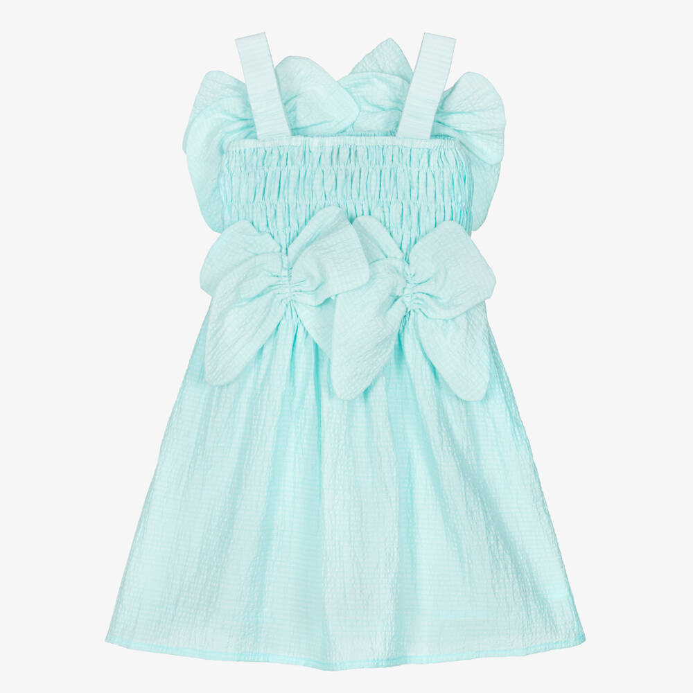 RaspberryPlum-Girls Aqua Blue Seersucker Dress with Bows | Childrensalon Outlet