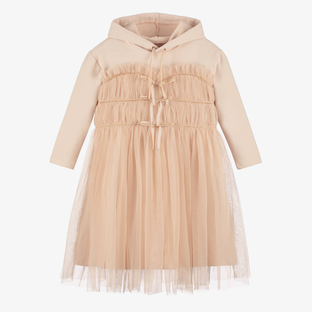 RaspberryPlum-Girls Beige Cotton Jersey & Tulle Hooded Dress | Childrensalon Outlet