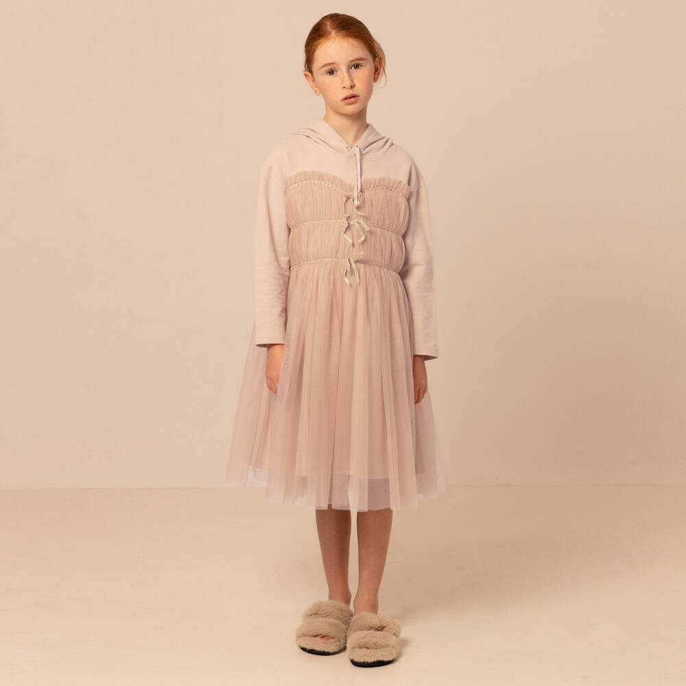RaspberryPlum-Girls Beige Hooded Tulle Frock | Childrensalon Outlet