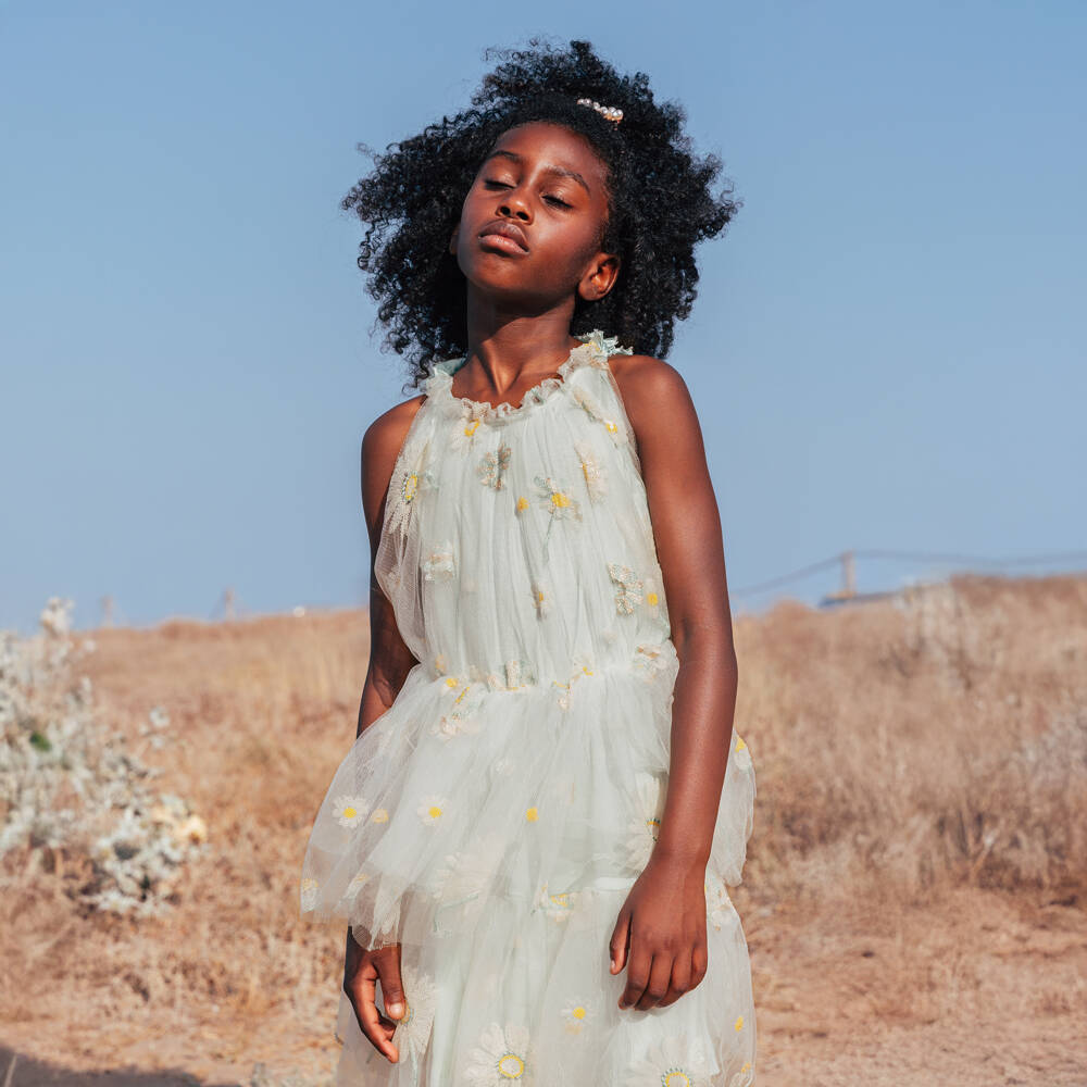 RaspberryPlum-Girls Beige Tulle Dress with Sequinned Daisies | Childrensalon Outlet