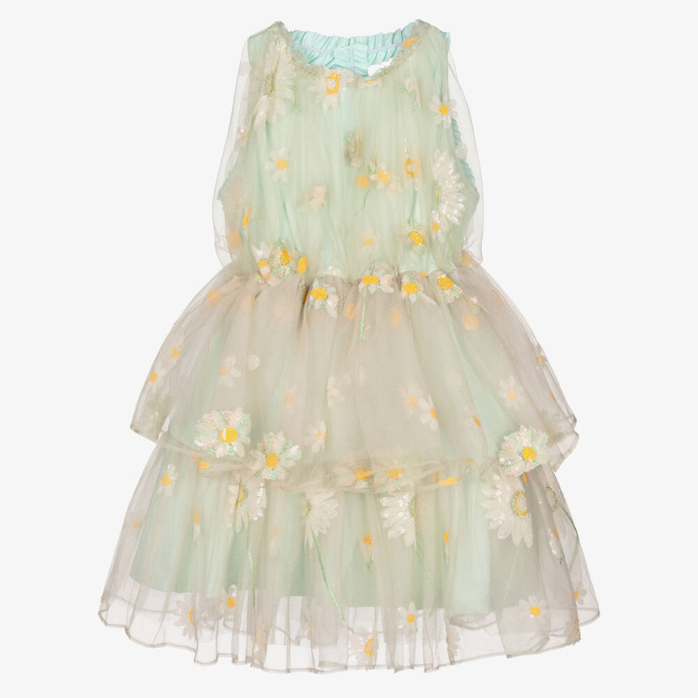 RaspberryPlum-Girls Beige Tulle Dress with Sequinned Daisies | Childrensalon Outlet
