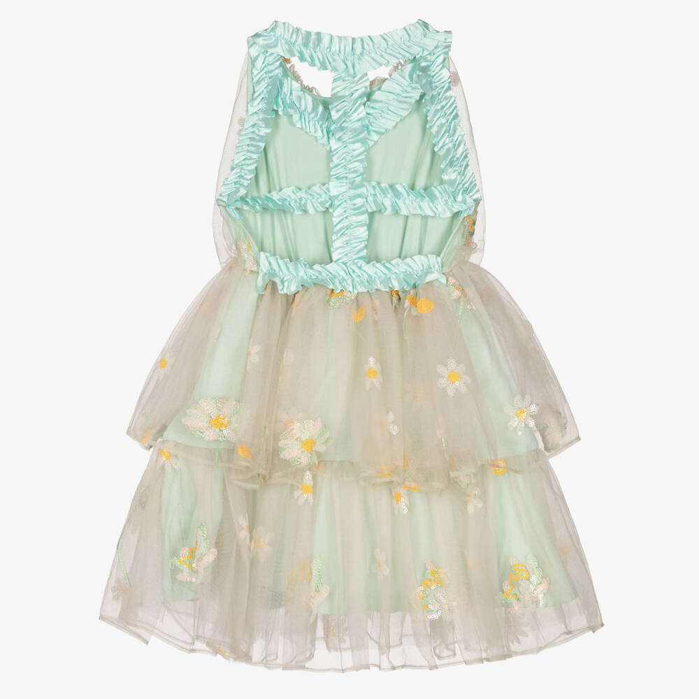 RaspberryPlum-Girls Beige Tulle Dress with Sequinned Daisies | Childrensalon Outlet