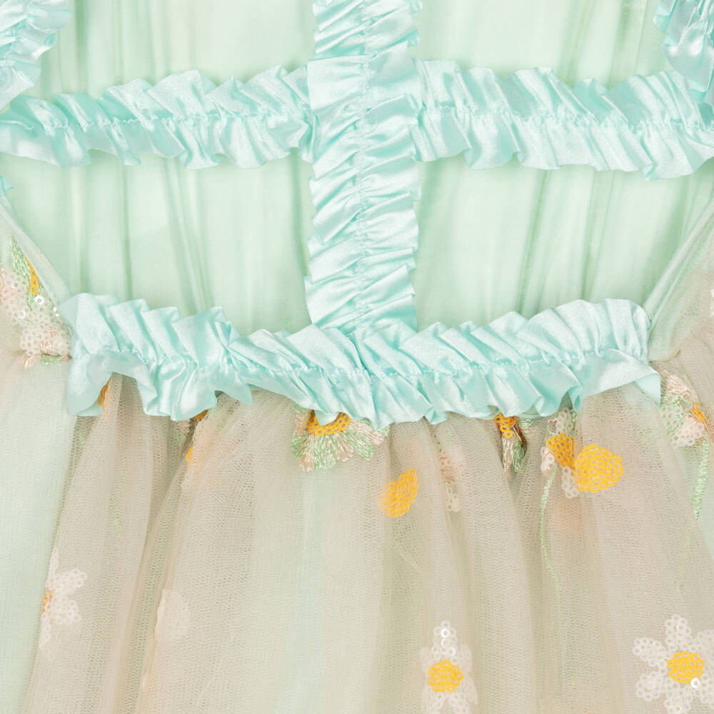 RaspberryPlum-Girls Beige Tulle Dress with Sequinned Daisies | Childrensalon Outlet