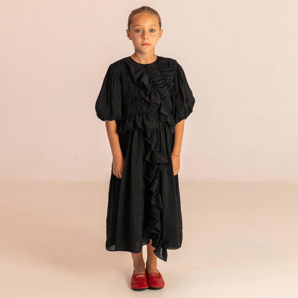 RaspberryPlum-Girls Black Ruched Dress with Ruffle Trim | Childrensalon Outlet