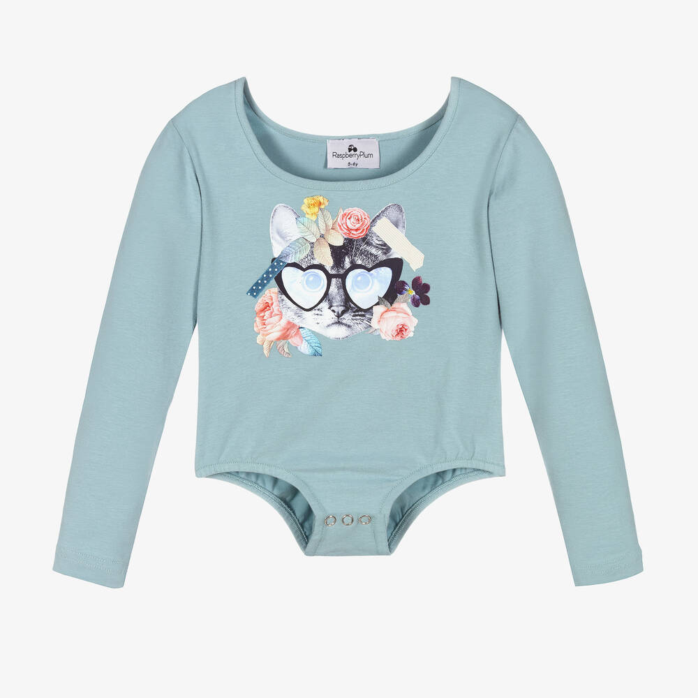RaspberryPlum-Girls Blue Cat Cotton Bodysuit | Childrensalon Outlet