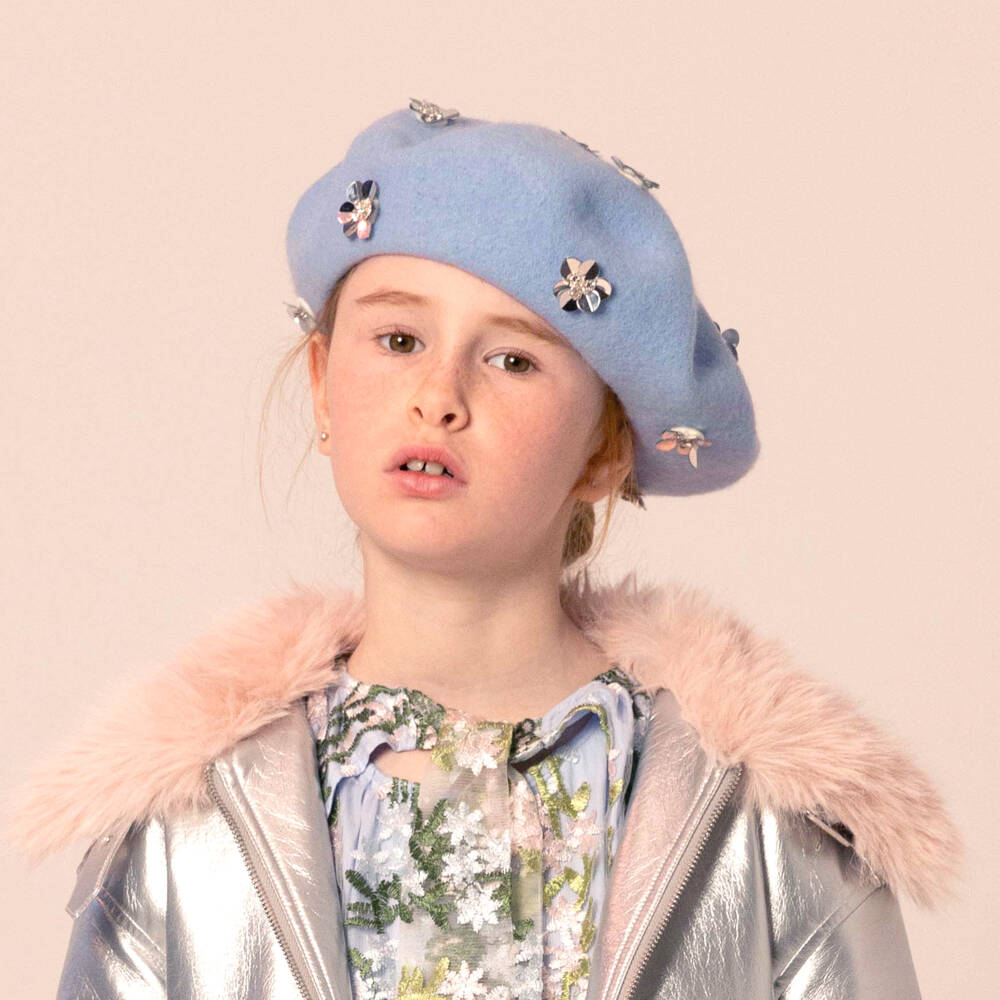 RaspberryPlum-Girls Blue Felted Beret with Sequin Flowers | Childrensalon Outlet