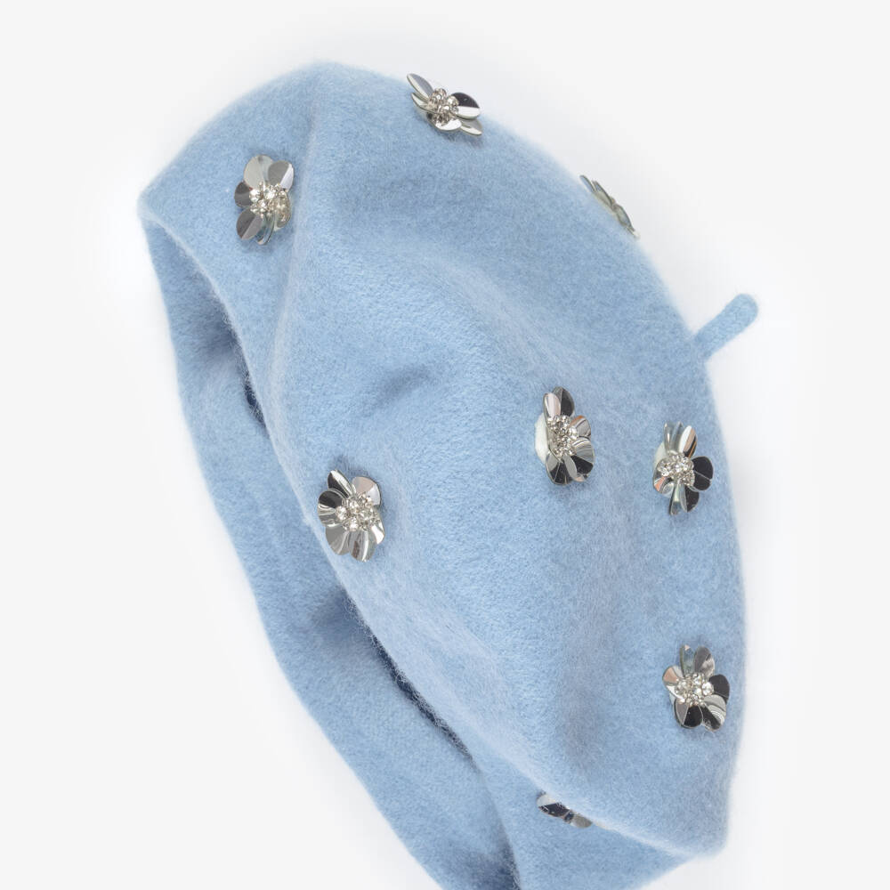 RaspberryPlum-Girls Blue Felted Beret with Sequin Flowers | Childrensalon Outlet