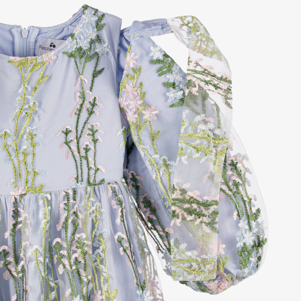 RaspberryPlum-Girls Blue Floral Embroidered Tulle Dress | Childrensalon Outlet