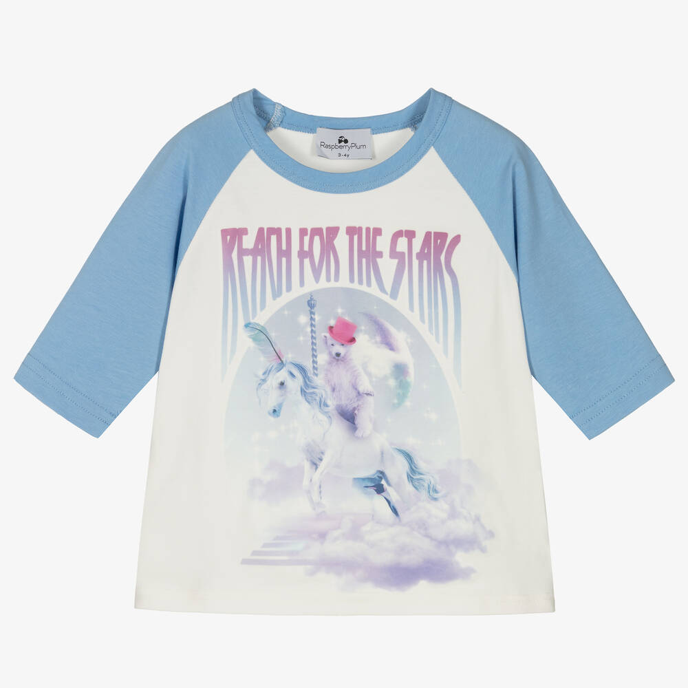RaspberryPlum - Girls Blue & Ivory Graphic Cotton T-Shirt | Childrensalon