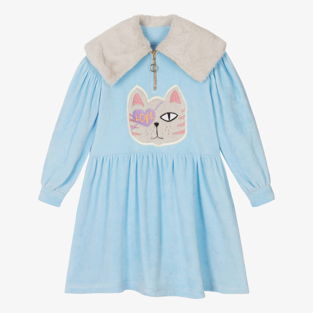 RaspberryPlum - Girls Blue Velour Cat Dress | Childrensalon