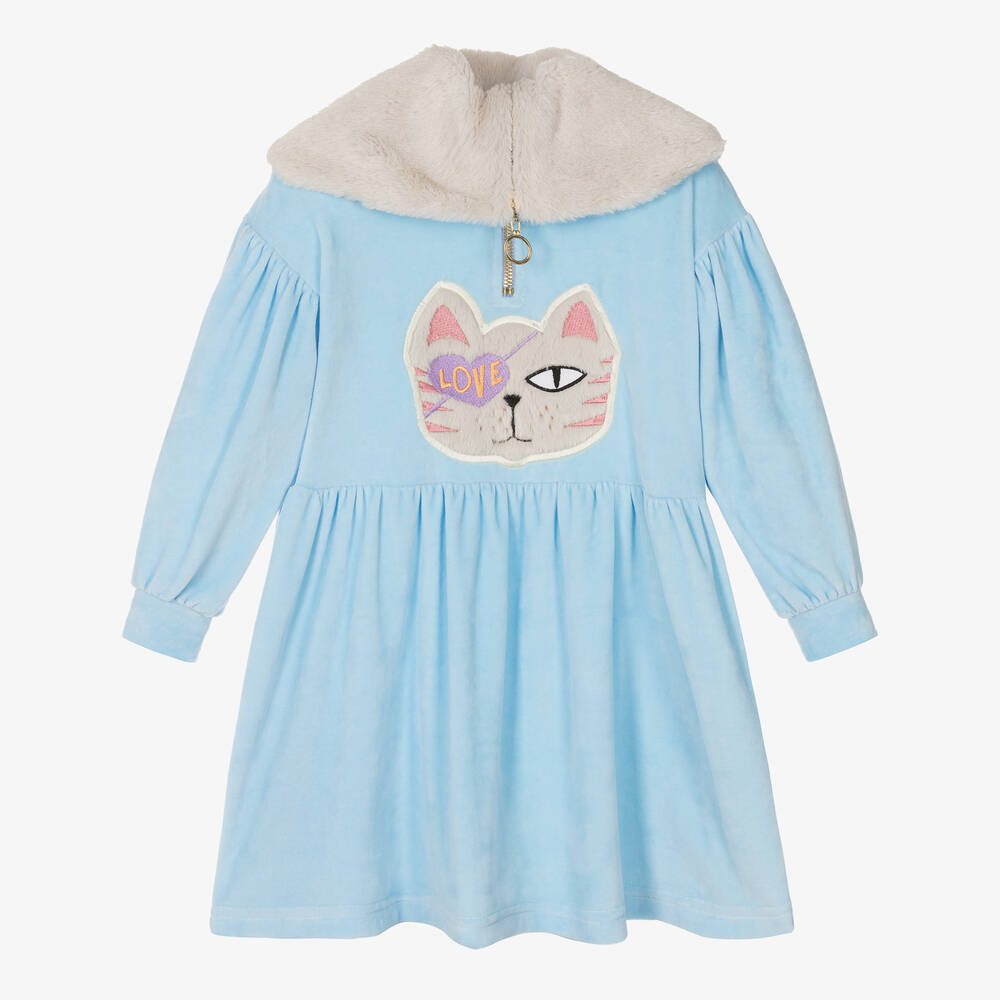 RaspberryPlum-Girls Blue Velour Cat Dress | Childrensalon Outlet