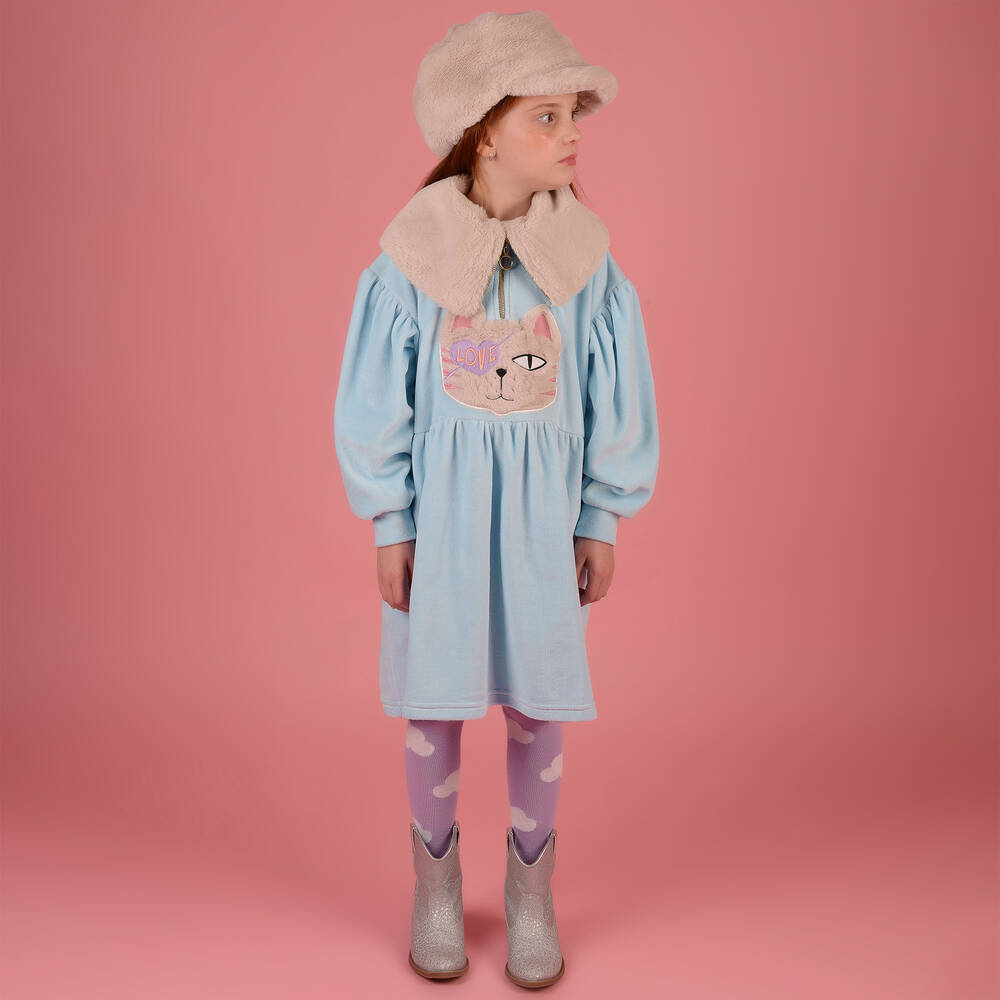RaspberryPlum-Girls Blue Velour Cat Dress | Childrensalon Outlet