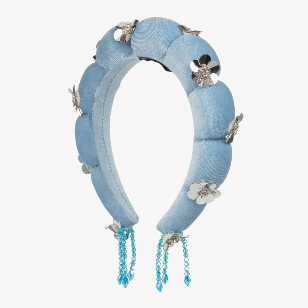RaspberryPlum-Girls Blue Velvet & Sequin Flower Hairband | Childrensalon Outlet