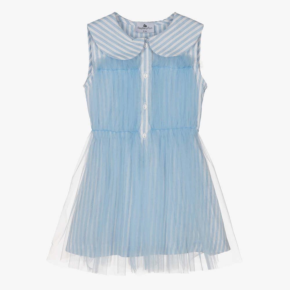 RaspberryPlum - Бело-голубое платье из тюля в полоску | Childrensalon