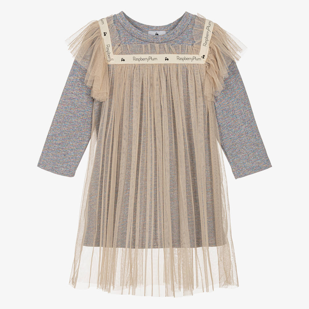 RaspberryPlum - Серое платье из меланжевого люрекса и тюля | Childrensalon