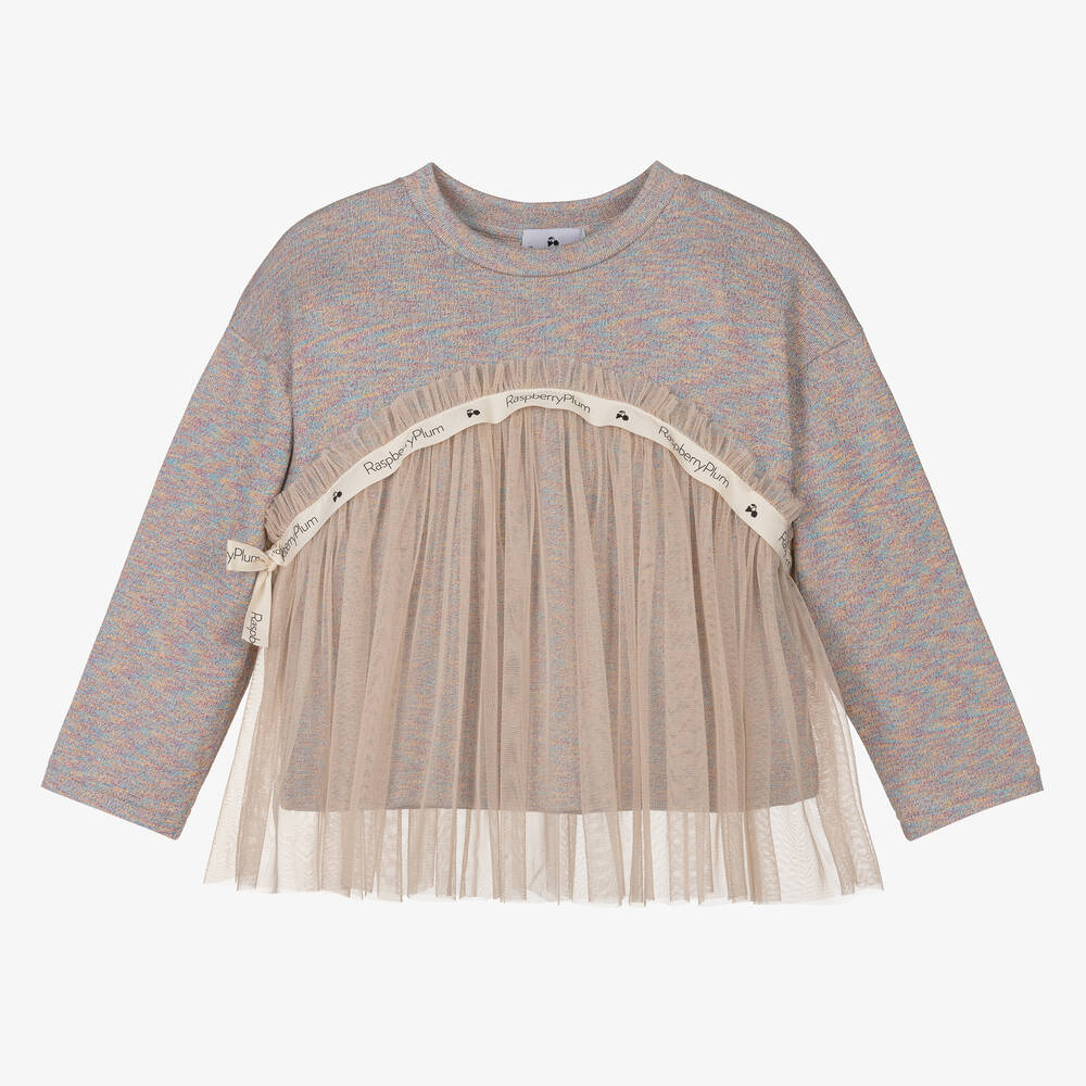 RaspberryPlum - Girls Grey Marl Lurex & Tulle Top | Childrensalon