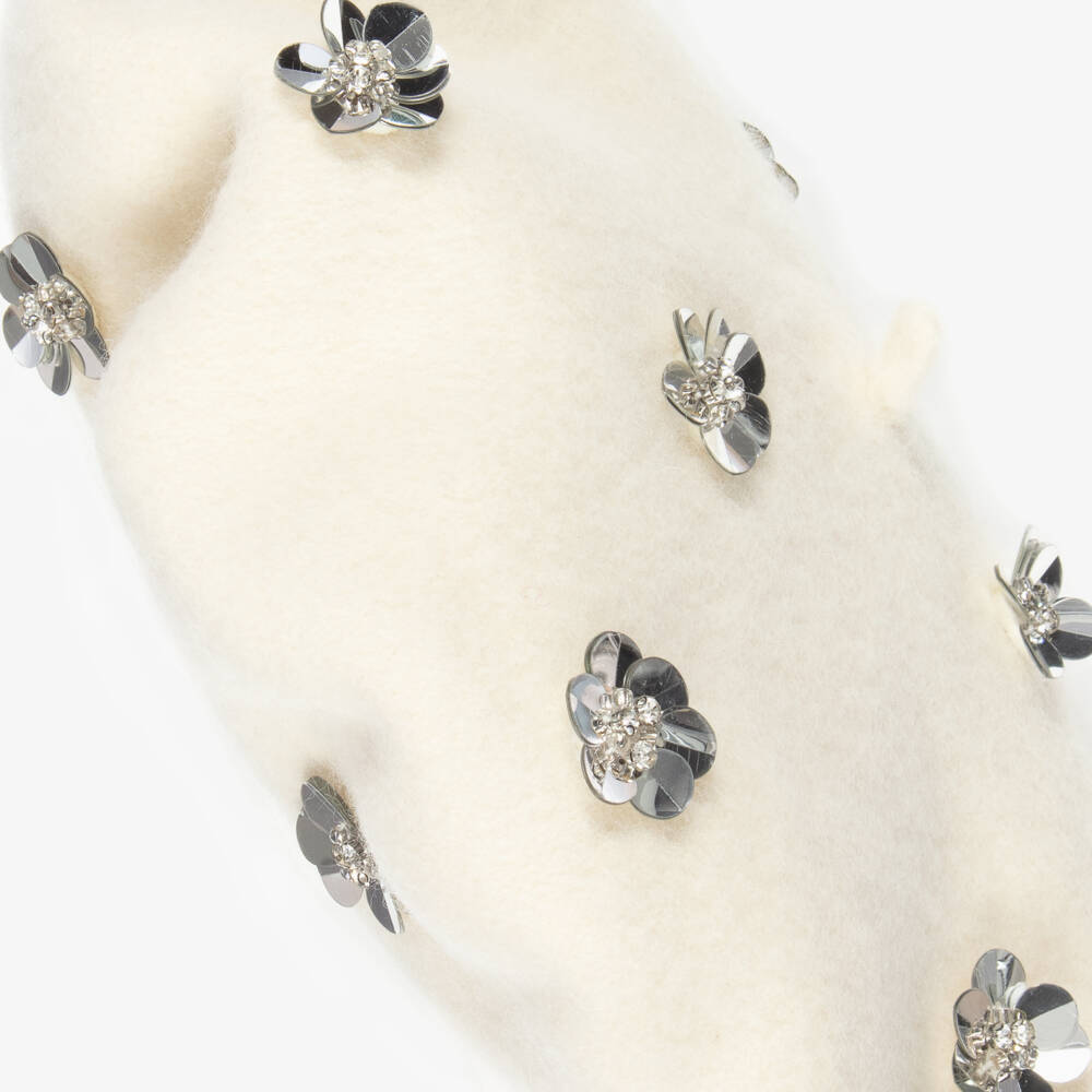 RaspberryPlum-Girls Ivory Beret with Sequin Flowers | Childrensalon Outlet