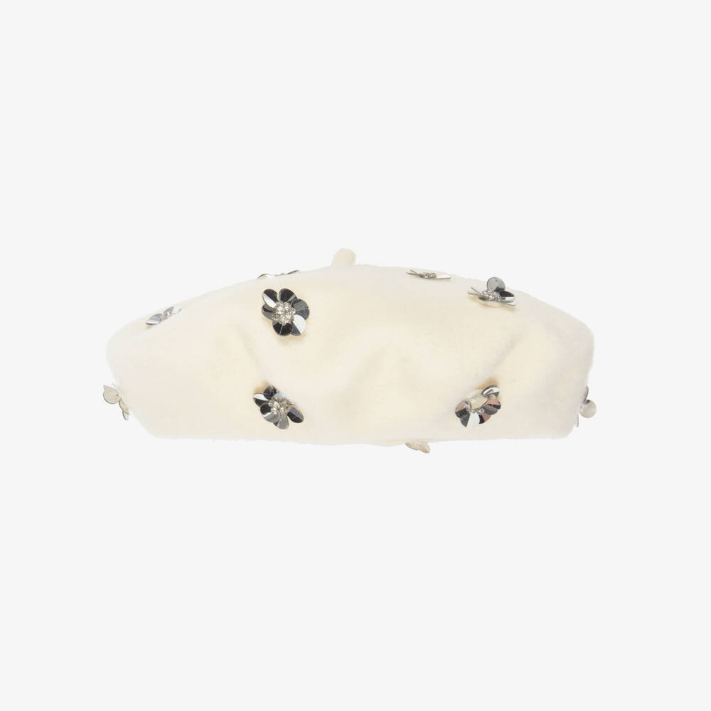 RaspberryPlum-Girls Ivory Beret with Sequin Flowers | Childrensalon Outlet