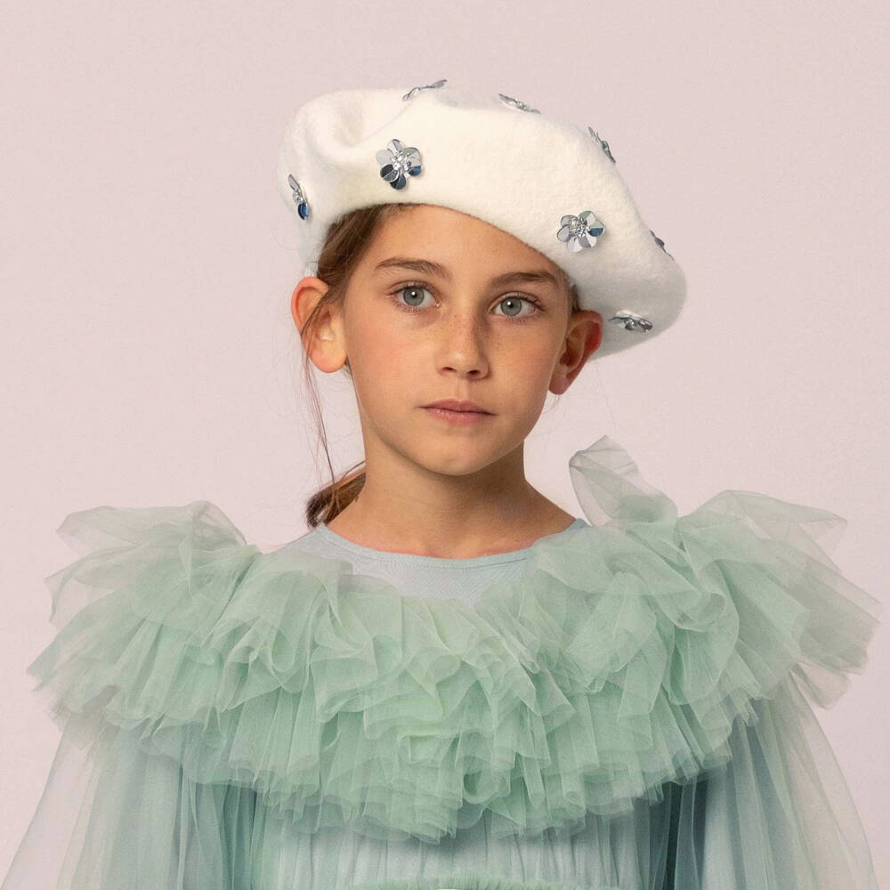 RaspberryPlum-Girls Ivory Beret with Sequin Flowers | Childrensalon Outlet