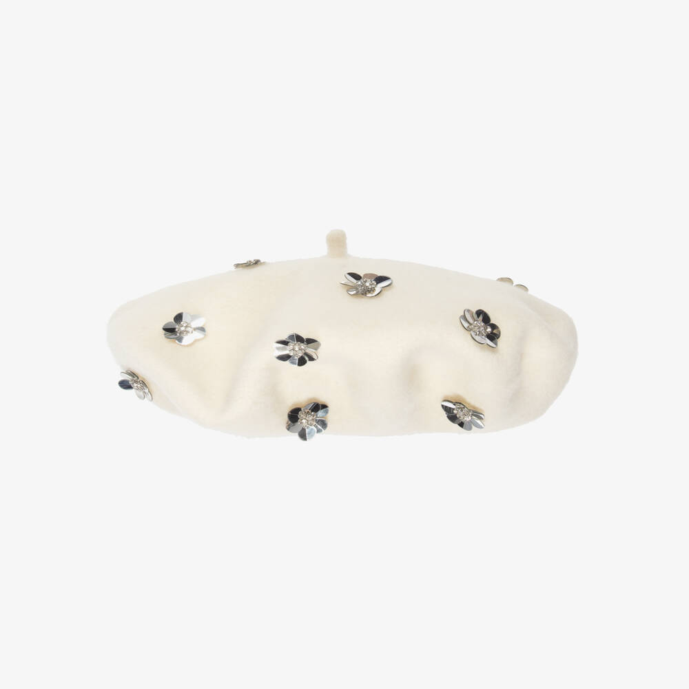 RaspberryPlum-Girls Ivory Beret with Sequin Flowers | Childrensalon Outlet