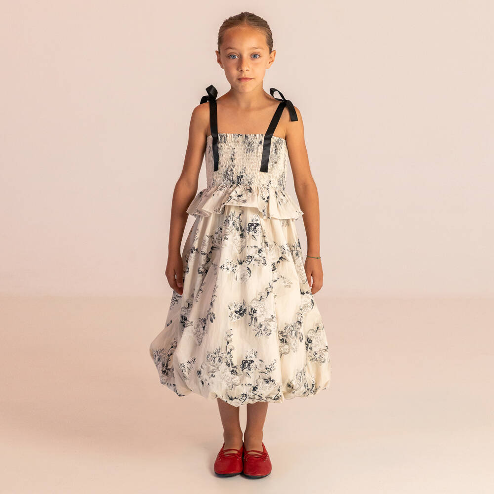 RaspberryPlum-Girls Ivory & Black Floral Print Cotton Dress | Childrensalon Outlet