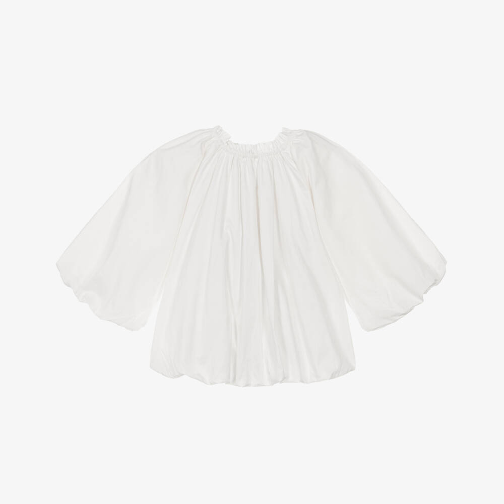 RaspberryPlum-Girls Ivory Cotton Puffball Blouse with Bow Detail | Childrensalon Outlet