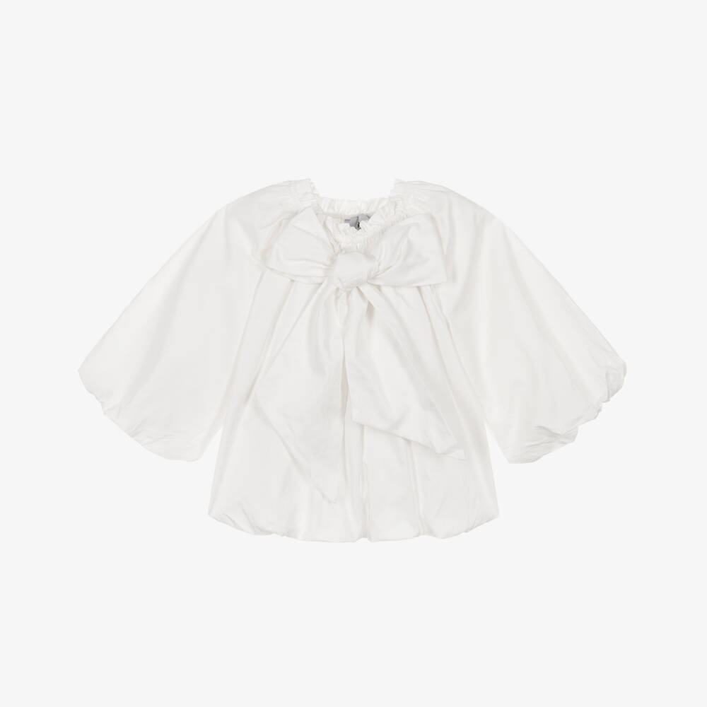 RaspberryPlum-Girls Ivory Cotton Puffball Blouse with Bow Detail | Childrensalon Outlet