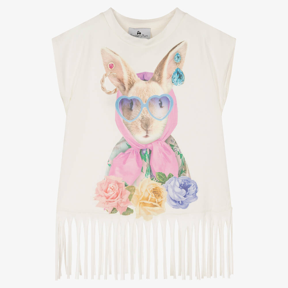 RaspberryPlum - Кремовая футболка с кроликом и бахромой | Childrensalon