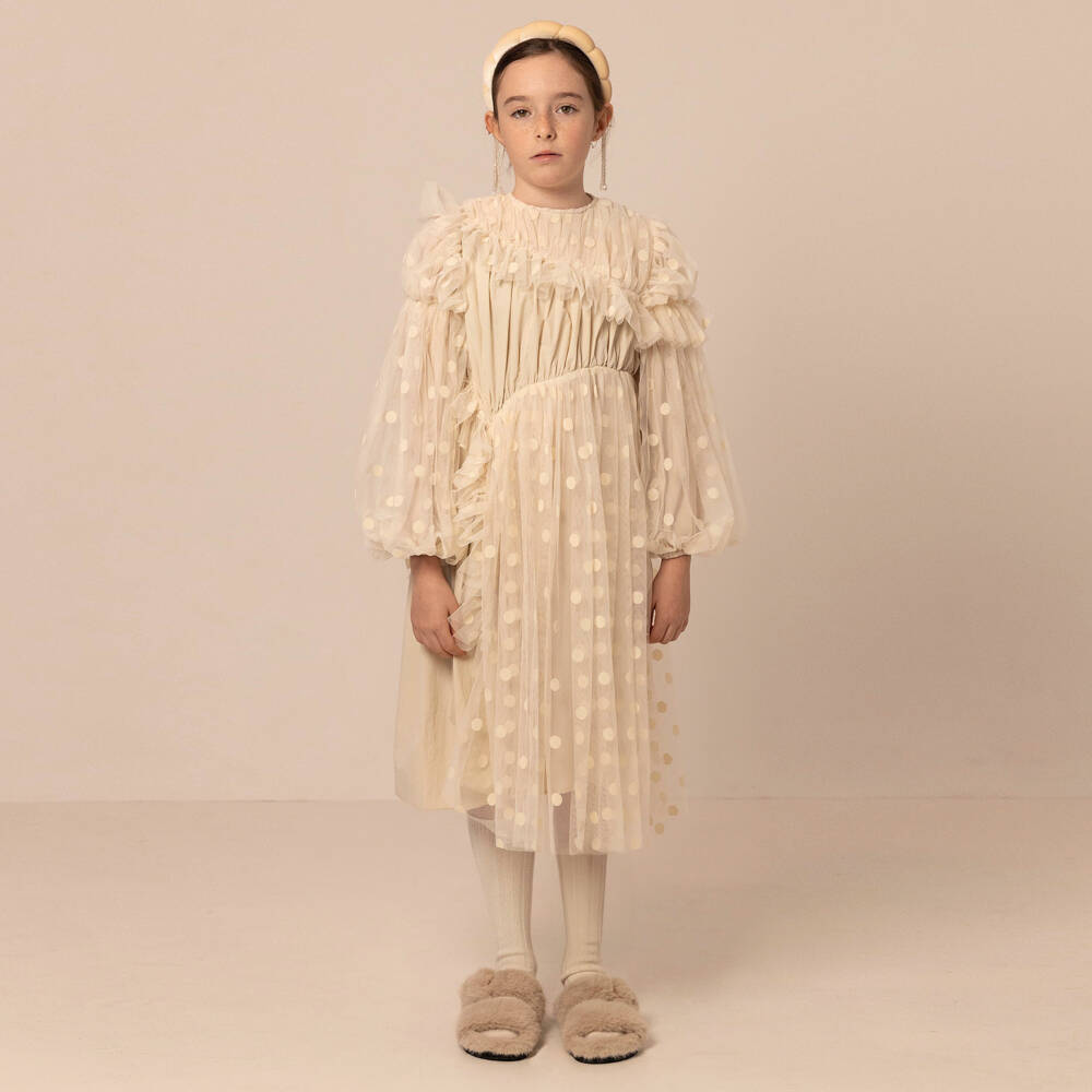 RaspberryPlum-Girls Ivory Tulle Ruffle Dress with Polka Dots | Childrensalon Outlet