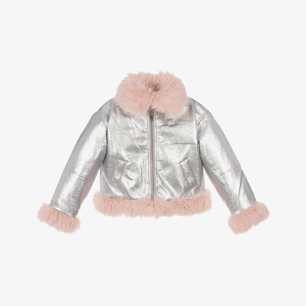 RaspberryPlum-Girls Metallic Silver Faux Leather Aviator Jacket | Childrensalon Outlet
