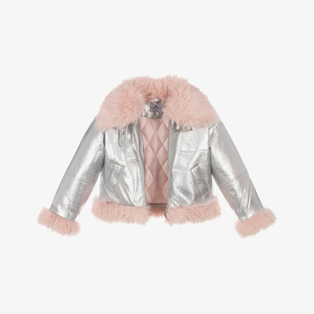 RaspberryPlum-Girls Metallic Silver Faux Leather Aviator Jacket | Childrensalon Outlet