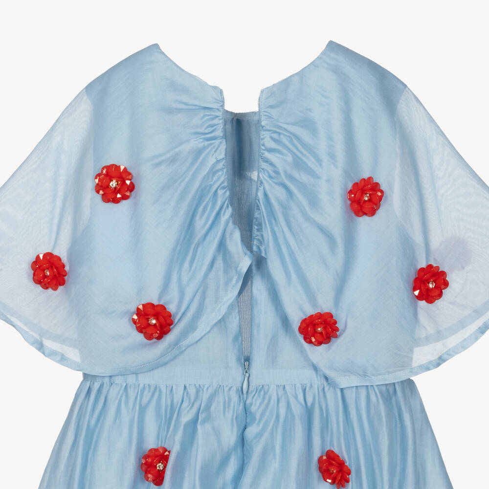 RaspberryPlum-Girls Pale Blue & Red Floral Voile Dress with Cape Collar | Childrensalon Outlet