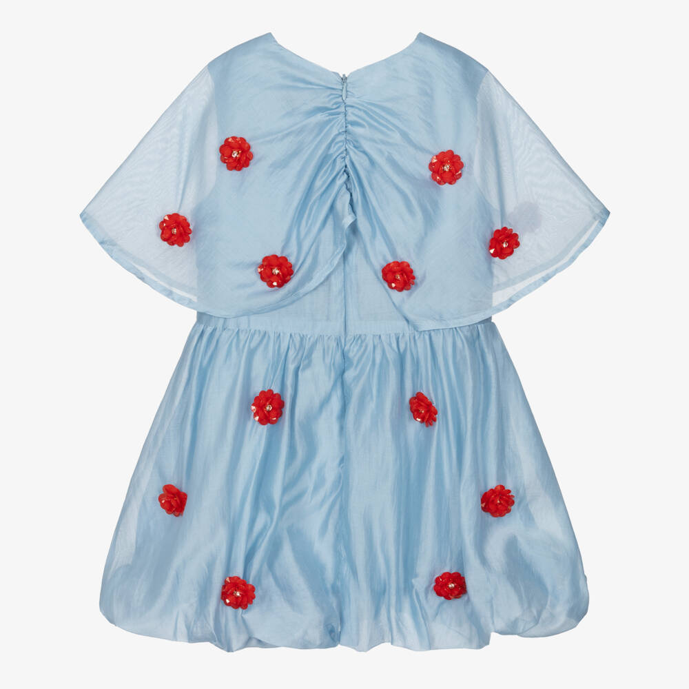 RaspberryPlum-Girls Pale Blue & Red Floral Voile Dress with Cape Collar | Childrensalon Outlet