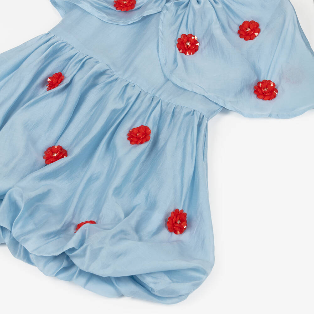 RaspberryPlum-Girls Pale Blue & Red Floral Voile Dress with Cape Collar | Childrensalon Outlet
