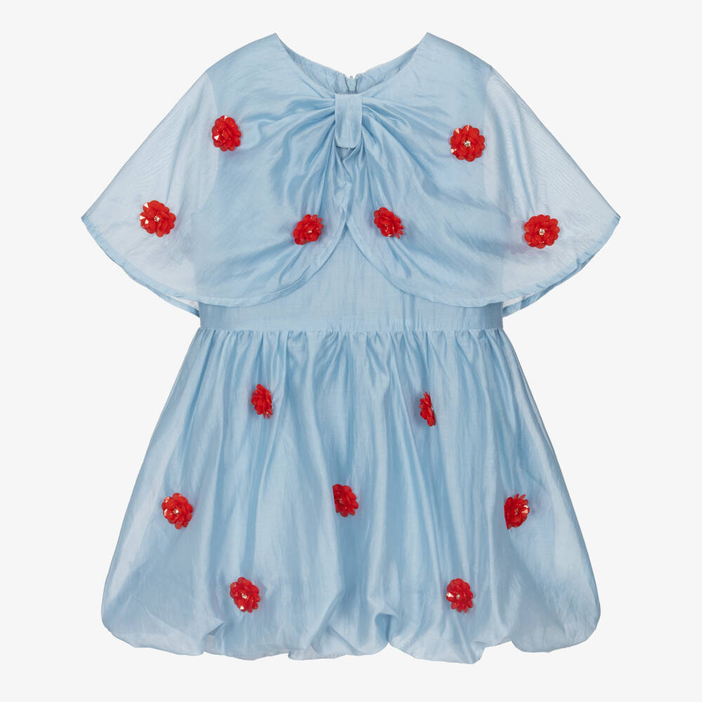 RaspberryPlum-Girls Pale Blue & Red Floral Voile Dress with Cape Collar | Childrensalon Outlet