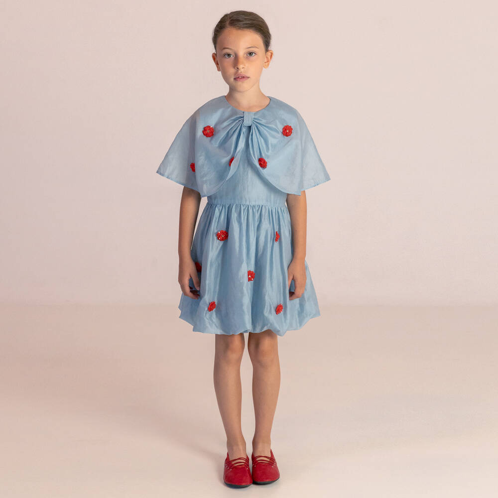 RaspberryPlum-Girls Pale Blue & Red Floral Voile Dress with Cape Collar | Childrensalon Outlet