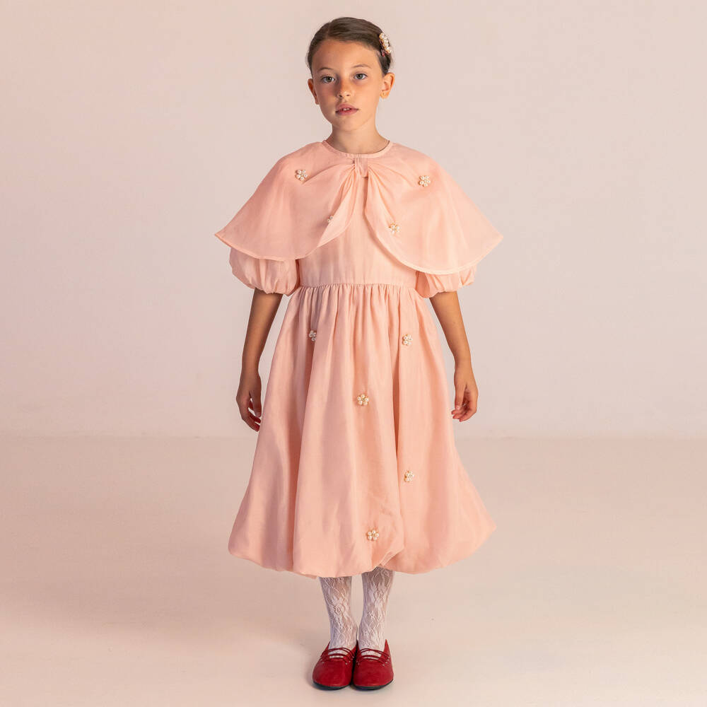 RaspberryPlum-Girls Pale Pink Voile Dress with Cape Collar | Childrensalon Outlet