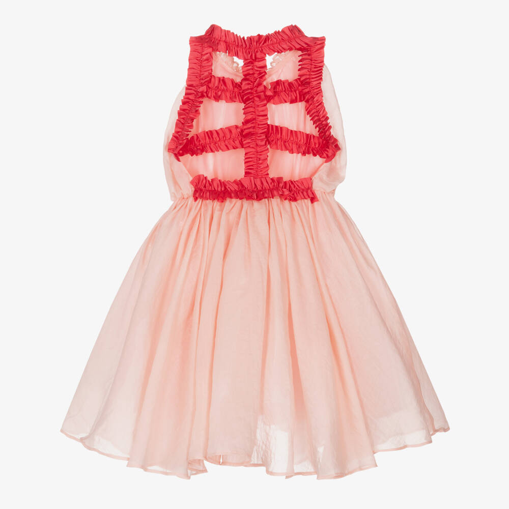 RaspberryPlum-Girls Pale Pink Voile Dress with Vibrant Pink Satin Ruffles | Childrensalon Outlet