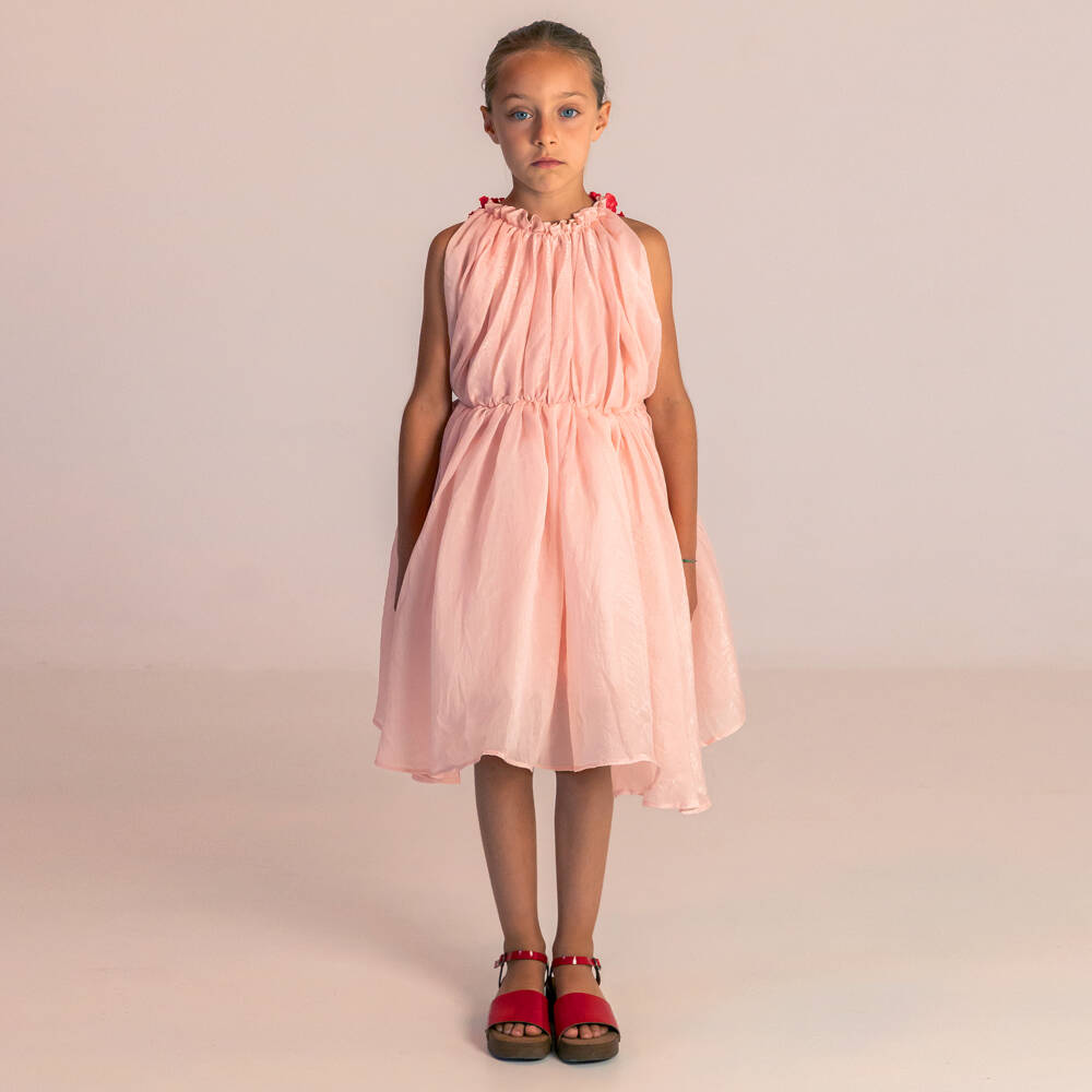 RaspberryPlum-Girls Pale Pink Voile Dress with Vibrant Pink Satin Ruffles | Childrensalon Outlet