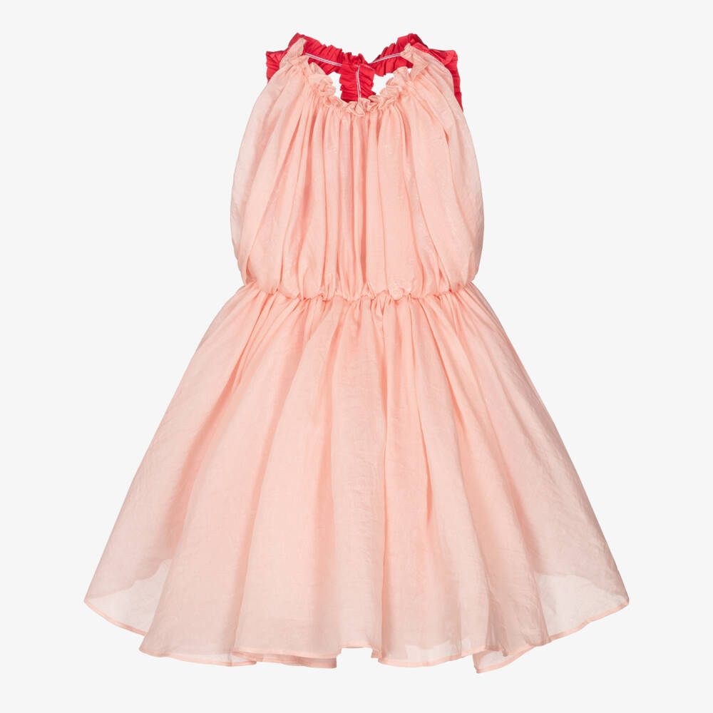 RaspberryPlum-Girls Pale Pink Voile Dress with Vibrant Pink Satin Ruffles | Childrensalon Outlet
