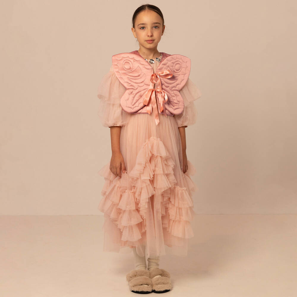 RaspberryPlum-Girls Peach Pink Quilted Satin Butterfly Waistcoat | Childrensalon Outlet