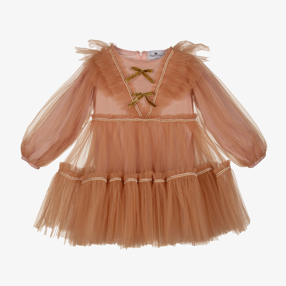 RaspberryPlum - Girls Pink & Beige Tulle Dress | Childrensalon