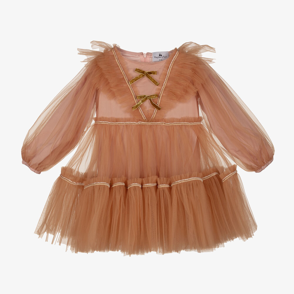 RaspberryPlum-Girls Pink & Beige Tulle Dress | Childrensalon Outlet